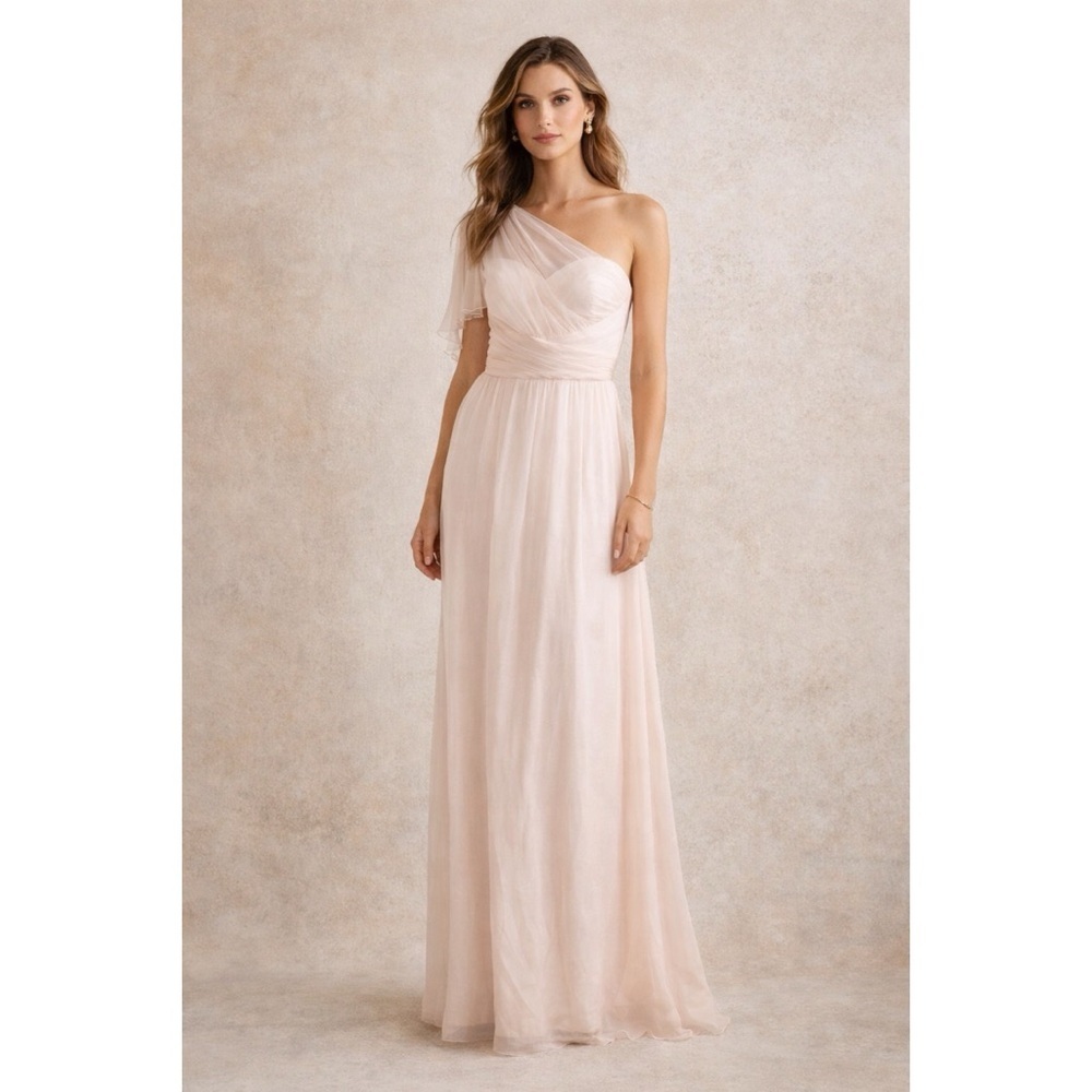 AMSALE Silk One Shoulder Maxi Dress Light Pink